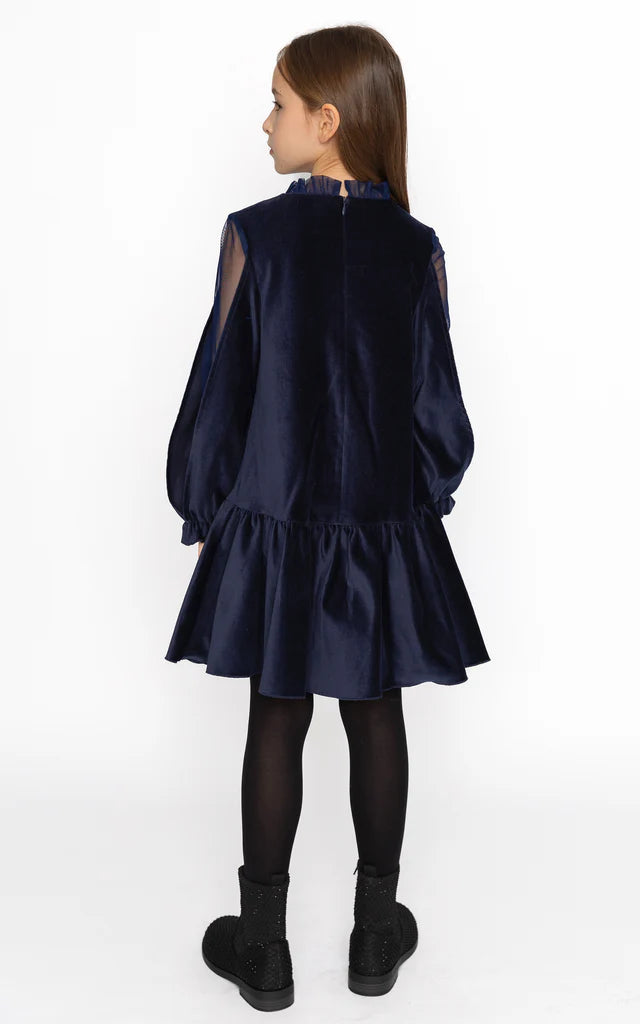 SheShe Lacivert Kadife Kol Detaylı Elbise