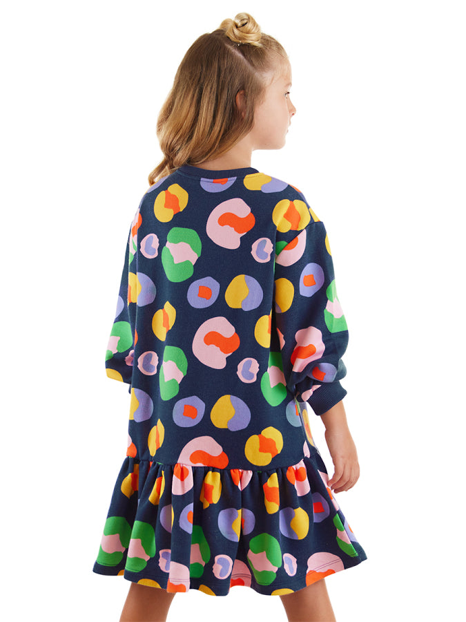 Denokids Renkli Çiçekli Kız Çocuk Lacivert Elbise