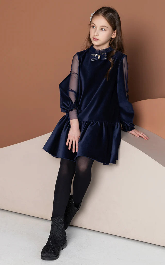 SheShe Lacivert Kadife Kol Detaylı Elbise