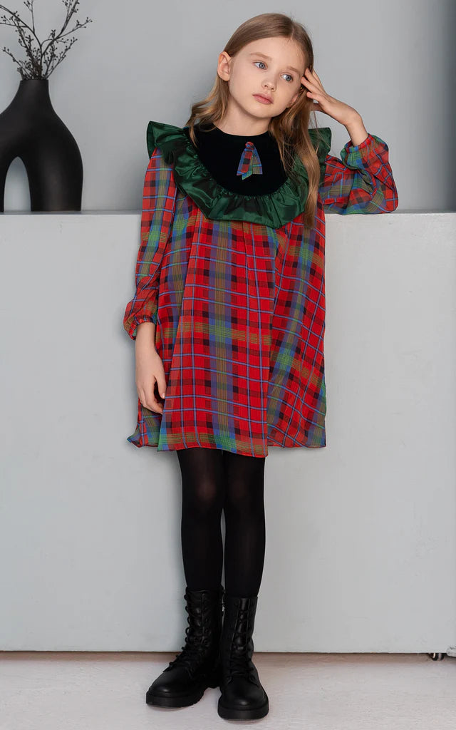 SheShe Kareli Fırfır Şifon Elbise