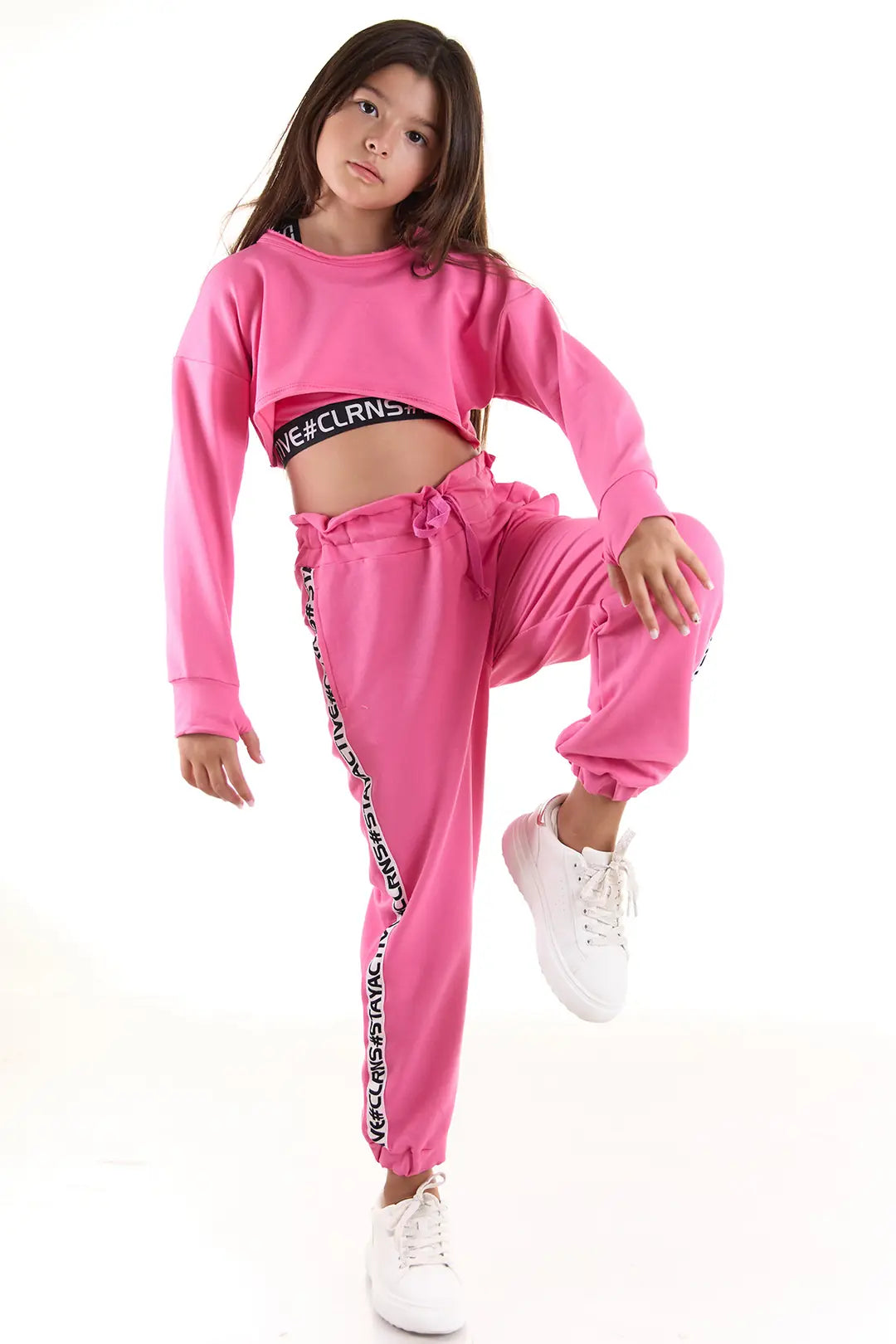 Colorinas Nakış İşlemeli Crop Uzun Kol Kız Çocuk Penye Sweatshirt Pembe