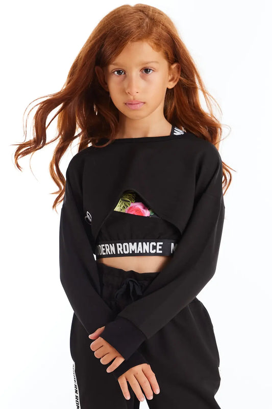 Nakış İşlemeli Crop Uzun Kol Kız Çocuk Penye Sweatshirt Siyah