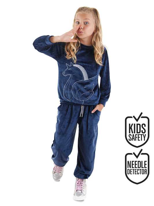 Denokids Lacivert Kadife Unicorn Kız Çocuk Eşofman Takım