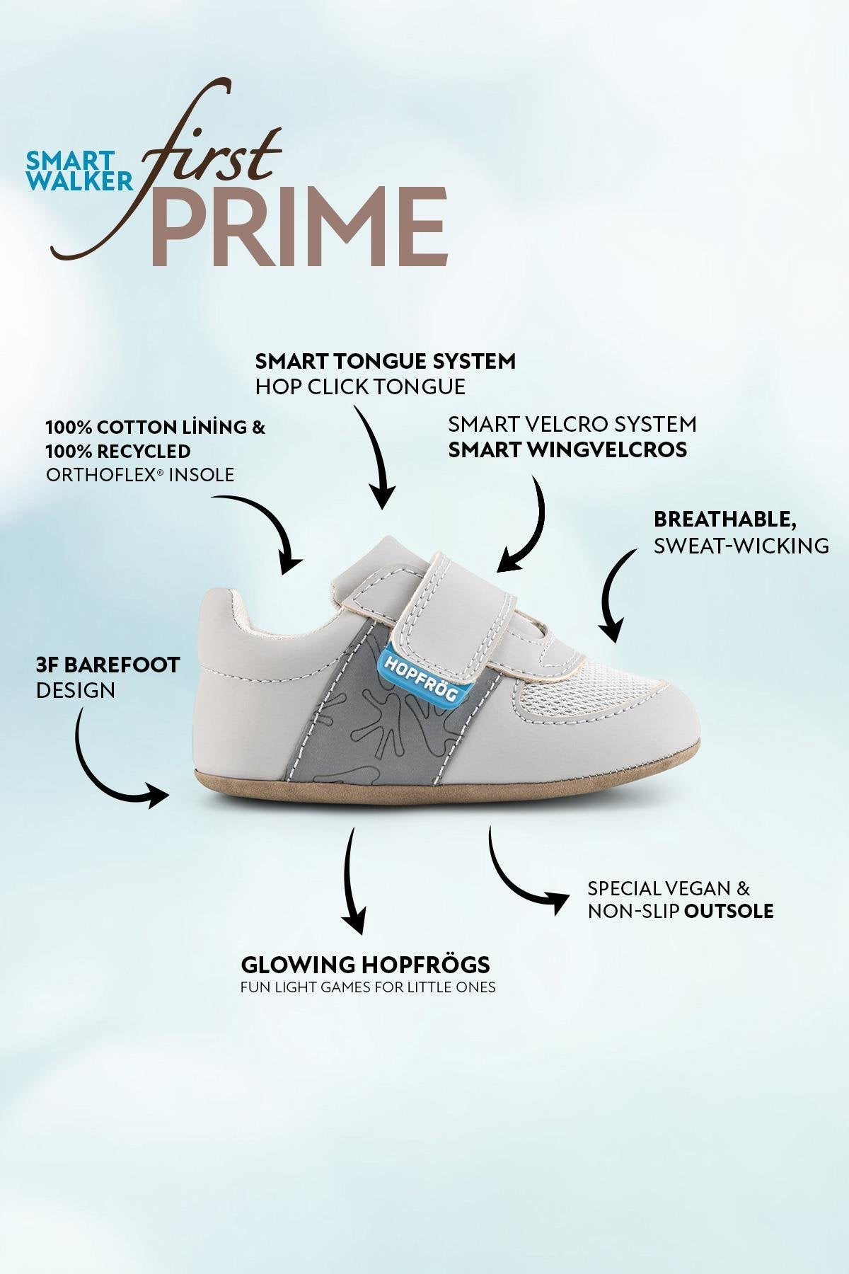 Hopfrög ⁠Smart Walker First Prime Super Mat Havalı Gri Barefoot İlk Adım Bebek Ayakkabı