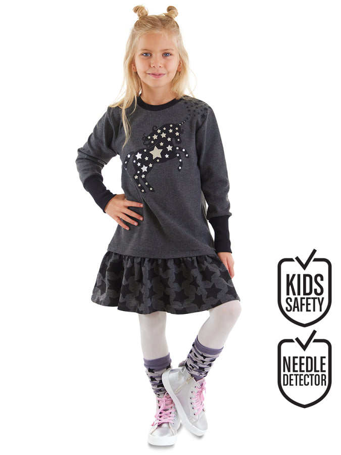 Denokids Yıldızlı Unicorn Antrasit Kız Çocuk Kışlık Uzun Kollu Fırfırlı Elbise