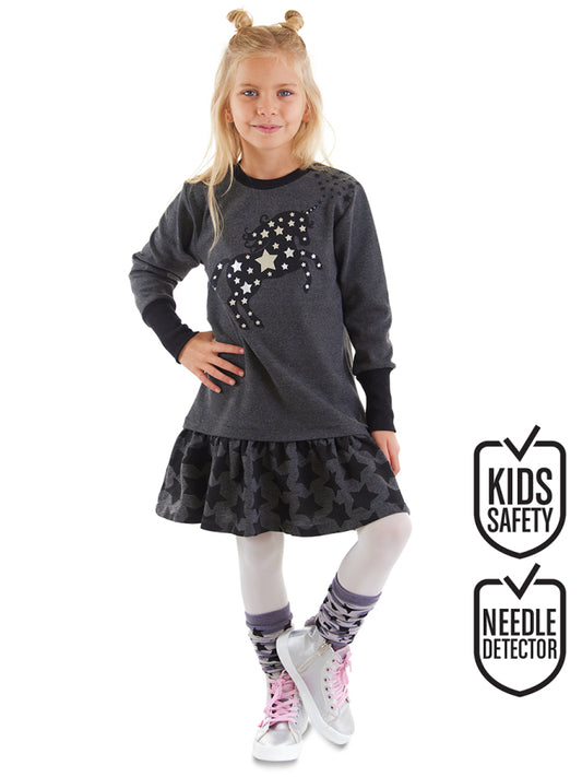 Denokids Yıldızlı Unicorn Antrasit Kız Çocuk Kışlık Uzun Kollu Fırfırlı Elbise