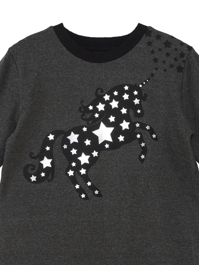 Denokids Yıldızlı Unicorn Antrasit Kız Çocuk Kışlık Uzun Kollu Fırfırlı Elbise